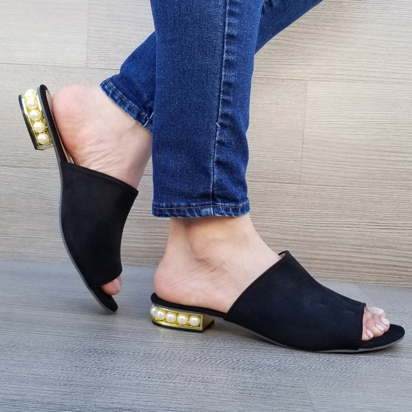 Shoes - Black Vegan Suede Loafer Open Toe Sandal Pearl